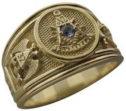 Past Master ring with 32nd degree double headed eagle SRSJ and the crescent & scimitar of the Shrine shown with an optional American Montana mined blue sapphire instead of the Sun (standard)..