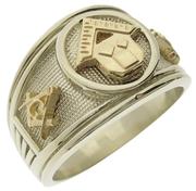 Pennsylvania Past Master ring in 14k white gold with 14k yellow PM emblem and squares & compasses on either side.