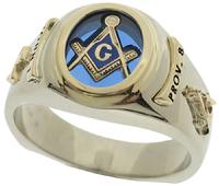 10k white & 14k yellow gold customized 3rd Degree Classic Oval Masonic ring, available with red, blue or black center stone 