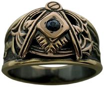 Vintage American Masonic ring shown in 18k yellow & rose gold with a blue sapphire and black rhodium background color.