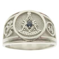 14k white gold Masonic Past Master ring with Scottish Rite 32nd and Knights Templar cross & crown emblems and a genuine blue sapphire center stone.