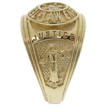 Our Texas Law Enforcement class-style ring shown in 14k yellow gold with center set gemstone.