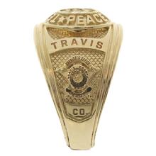 Custom 14k yellow gold Travis County Sheriff's Deputy class ring with TCSO deputy badge in 3D.