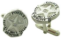 Custom Dallas Police Detective badge cuff links in sterling silver with diamond accent and black enamel.