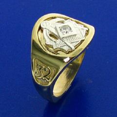 Two tone 14k yellow and white gold 32nd degree Scottish Rite Mason's ring with square and compass and the letter G, 32, and Yod