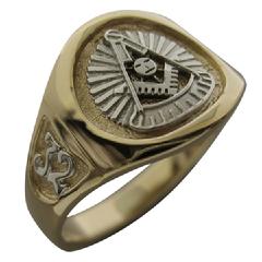 14K YELLOW GOLD 32ND DEGREE MASONIC PASTER MASTER RING WITH 14K WHITE GOLD PAST MASTER EMBLEM AND SHRINE CRESCENT WITH SCIMITAR