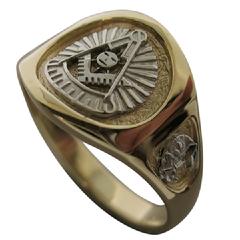 14K YELLOW GOLD 32ND DEGREE MASONIC PAST MASTER RING WITH 14K WHITE GOLD PAST MASTER EMBLEM AND SHRINE CRESCENT WITH SCIMITAR