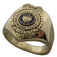 Custom Austintown (OH) Police Detective Sergeant badge ring in 14k yellow gold with blue and black enamel.