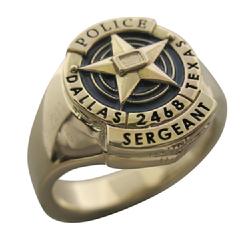 Custom Dallas (TX) Police Sergeant badge ring in 14k yellow gold with blue and black enamel.