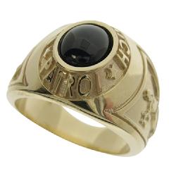 Custom Nightwatch Patrol ring in 10k yellow gold with deep blue cabochon cut center stone.