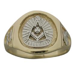 14K YELLOW GOLD 32ND DEGREE MASONIC PAST MASTER RING WITH WHITE GOLD PAST MASTER EMBLEM AND SHRINE CRESCENT WITH SCIMITAR