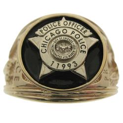 Custom Chicago Police Officer badge ring with black enamel background and side panels.