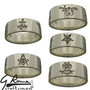 Custom Masonic 8mm band ring with 5 laser cut emblems