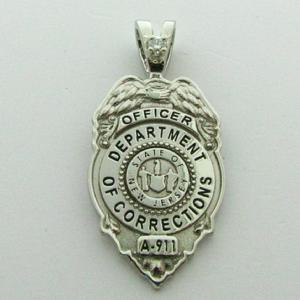 Custom 14k white gold New Jersey Department of Corrections Officer mini-badge pendant with optional 1 diamond pendant bail