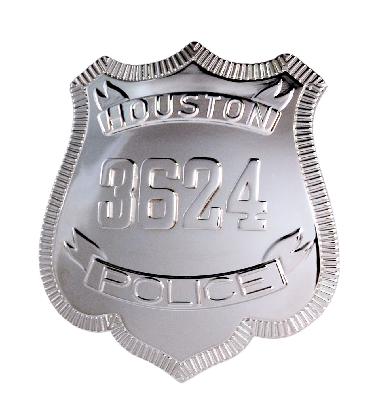 rhodium plate custom Houston Police Officer shield shaped badge with raised ribbons and numbers
