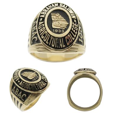 Custom Abraham Baldwin Agricultural College class ring in 14k yellow gold.