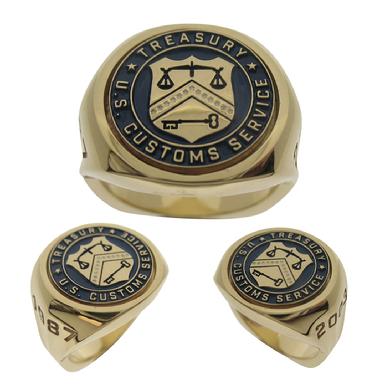 Custom U.S. Customs Service Department of the Treasury badge seal ring in 10k yellow gold with blue enamel.