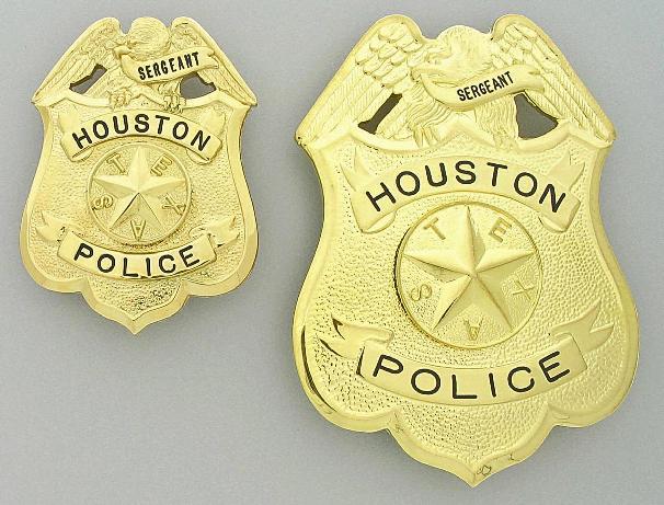 gold plated die struck custom full and wallet size Houston Police Sergeant badges with black hard enamel text